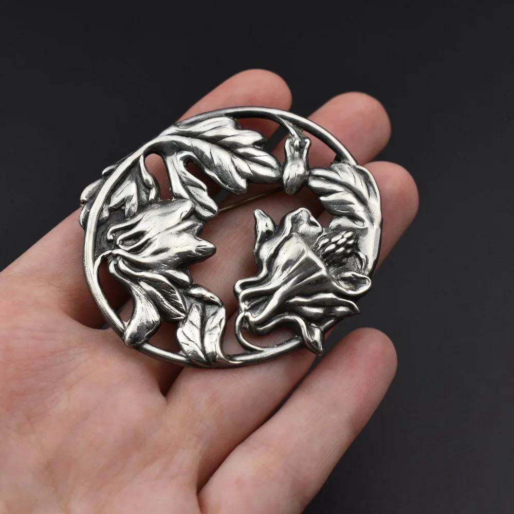 Huge thistle flower pin, large floral brooch silver tone
